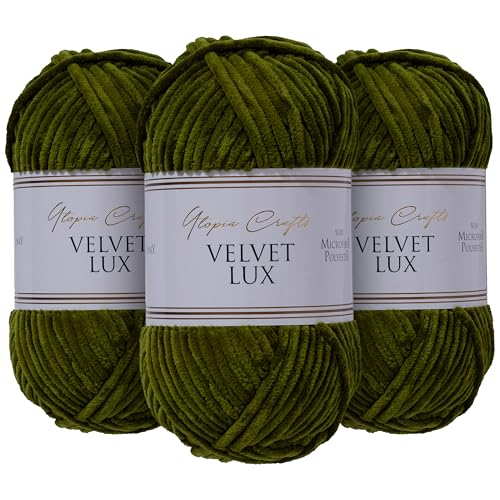 Utopia Crafts Velvet Lux Chenille, superweiches grobes Garn zum Stricken und Häkelgarn, 3 x 100 g (Dark Olive)