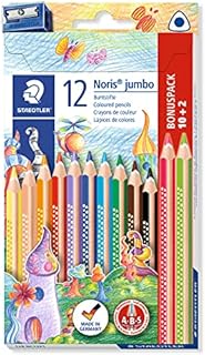 STAEDTLER 128 NC12P1 Noris Jumbo Coloured Pencils in Assorted Colours, Pack of 10 + 2 Free, with Sharpener