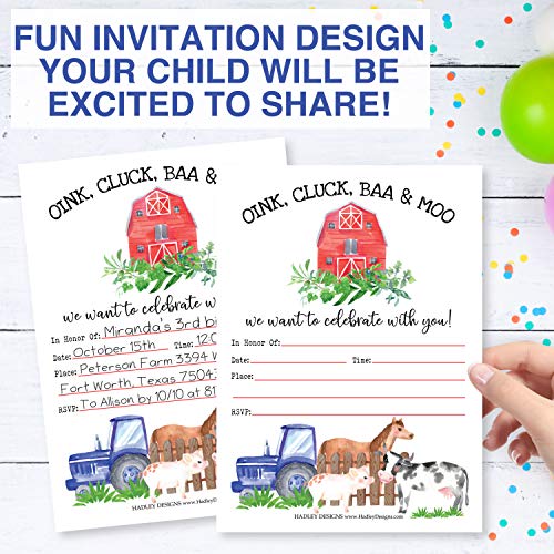 Image of Hadley Designs Kids Birthday Invitations For Boys and Girls Barnyard Theme - 25 Farm Animals Birthday Party Invitations For Boys, Tractor Barn Invites For Girls, Cute Ranch Party Supplies, Made In USA