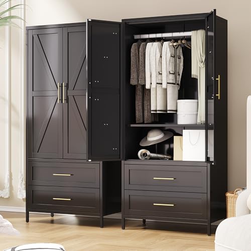 Image of SUPEER Metal Wardrobe Closet with Drawers & Hanging Rod - 71 inch Tall Armoire Storage Cabinet for Bedroom,2 Drawers + Adjustable Shelf, 4 Leveling Feet, Black,Required Assembly