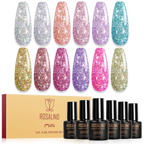 ROSALIND Glitter Gel Polish - 12 Colors Silver Gold Glitter Gel Nail Polish Set Sparkle Diamond Effect Soak Off UV Set Sparkling Glod Shimmer Nail Art Collection Manicure Gift for Women