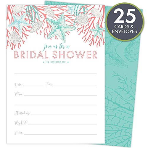 Beach Bridal Shower Invitations Set Of 25 Cards And Envelopes, Fill-In Style With Corals, Shells And Starfish. Printed On Heavy 140Lb Card Stock. #TOP1