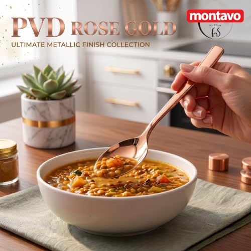 Image of Montavo by FnS 12 Pieces Stainless Steel Dinner Spoon Set | Premium PVD Rose Gold Mirror Finish | Rust Resistant, Dishwasher Safe | Luxury 16cm Table Spoons for Home, Kitchen, Restaurant & Gifting
