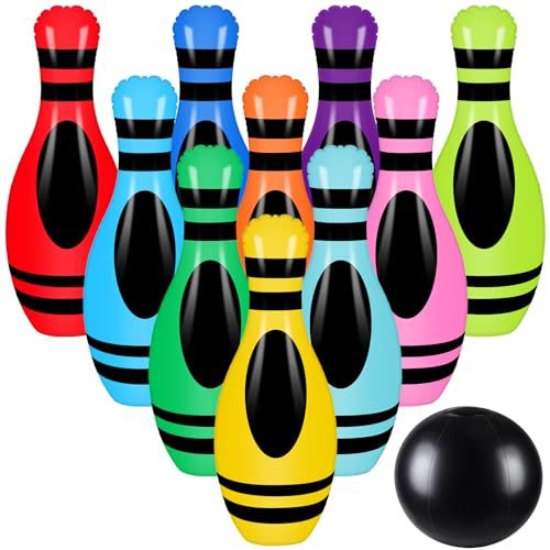 Hungdao 11 Pcs Giant Inflatable Crayon Outdoor Bowling Set Birthday Party Supplies with 10 Colored Crayon 27 Pins and 23 Ball Outdoor Bowling Backyard Games Fun Carnival Game for Holiday