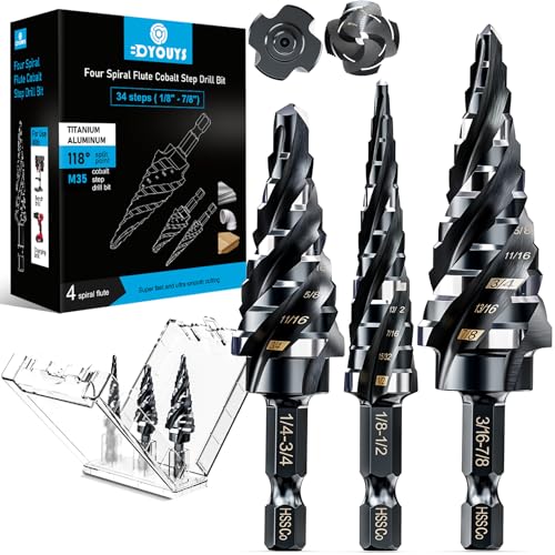 M35 Four Spiral Flute Step Drill Bit Set 1/8"-7/8"(3 pcs), 1/4" Hex Shank Unibit Step Drill bit, Impact Resistant M35 Cobalt Step Drill Bit, for Stainless Steel, Wood, Aluminum, Plastic