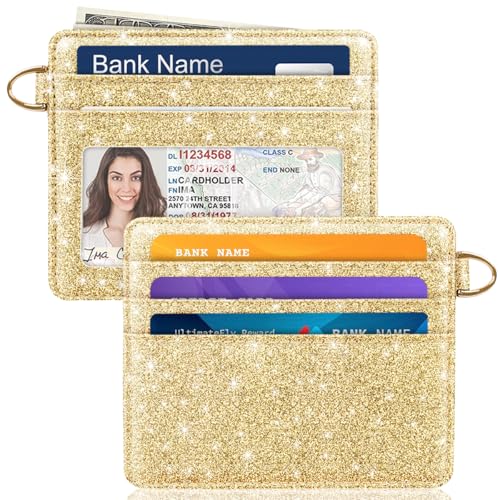 Image of Slim Credit Card Holder Glitter Leather Small Wallet Women Thin Cards Holders RFID Blocking Minimalist Lightweight Small Cute Card Holders for Women, Glitter Golden