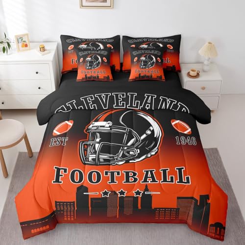 Erosebridal Football City Bed in A Bag Sports Rugby 7 Piece Bedding Set Black Orange Ombre Football Comforter Set with Sheets Queen Size for Kids Boys Teen Adults,Ball Sports Games Bed Set