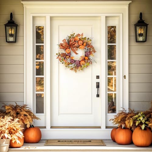 Image of 24 inch Fall Wreaths for Front Door Outside Fall Door Wreath with Pumpkin /Bow Autumn Wreath Fall Decorations for Home Decor Farmhouse Thanksgiving Harvest Halloween Outdoor Indoors Fall Front Porch