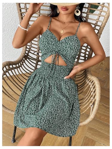Image of SOLY HUX Women's Summer Floral Print Dress Tie Front Cut Out Shirred A Line Flowy Cami Dresses Vacation Sundress
