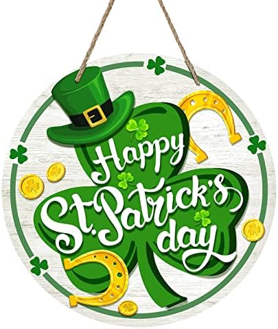 Deroro Happy St Patricks Day Sign Front Door Decor, Green Shamrock Clover Horseshoe Farmhouse Wood Door Hanger, Rustic Wooden Wreath Pediment Plaque Outdoor Indoor Wall Hanging Decorations