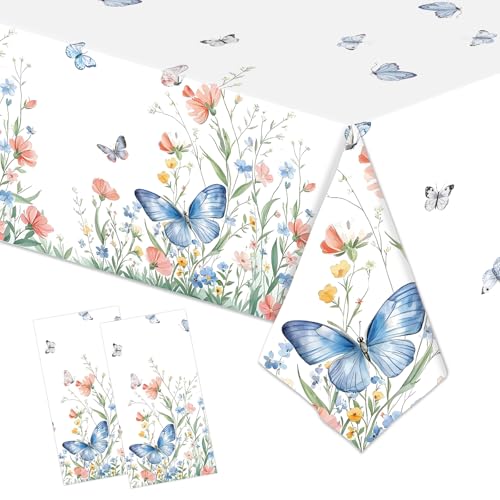 Image of 2 Pack Spring Floral Tablecloth Party Decorations, 54 x 108 Inch Disposable Wildflower Butterfly Plastic Table Cover Wildflower Table Cloth for Birthday, Wedding, Tea Party Decor