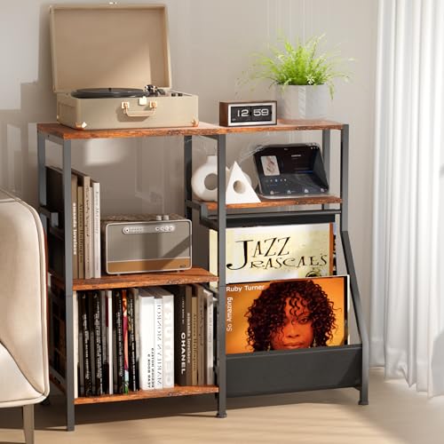 3-Tier Record Player Stand with Vinyl Storage, Vinyl Record Stand with Lage Record Storage, End...