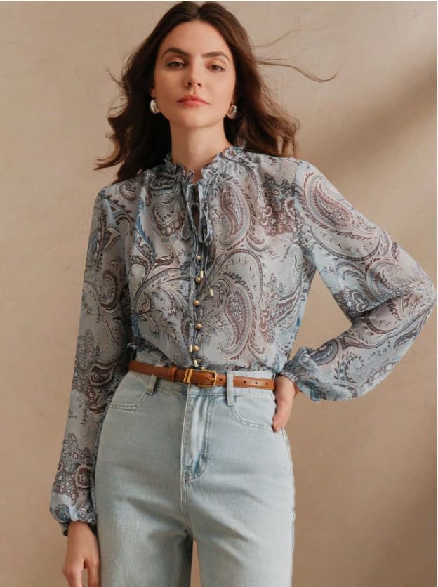 Image of Women Shirt ||Women Top || Cecily Paisley-Trim Button-Front Shirt (S-01-04)