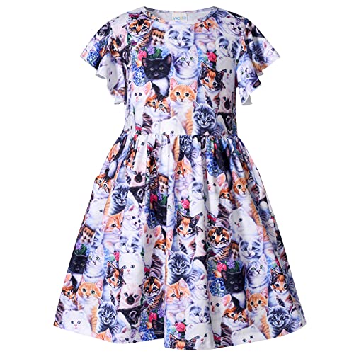 VASCHY Vestidos de Niña, Vestido Manga Larga Corta Impreso Vestido Unicornio Princesa Mariposa Sirena Vestidos Ropa Algodón Fiesta de Verano Vestido Festivo 3 10 años, Gatos Lindos 6T