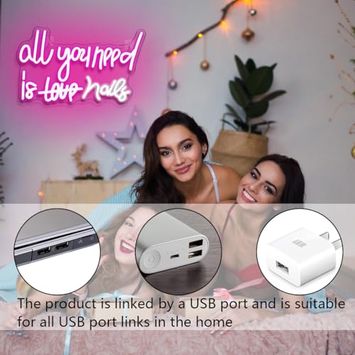 Image of WLHOPE All You Need is Nails Neon Sign - Pink LED Signs with USB Connectivity for Bedroom, Home Bar, Girls Room, Beauty Shop, Nails Room - Gift for Girls