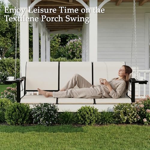 Image of HOMREST Textilene 3 Seat Porch Swing with Cup Holder, 5.3FT Patio Hanging Swing Bench, 700lbs Capacity Outdoor Porch Swing with Hanging Chains for Deck Garden Backyard (Beige)