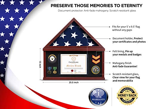 Flybold Flag Case For American Veteran Burial Flag Flag Display Case For Burial Flag Military Shadow Box 95% Clear With Felt Lining Holder For Medal Document Fits Folded Funeral Flag 5 X 9.5 Ft Mahogany Frame thumb #1