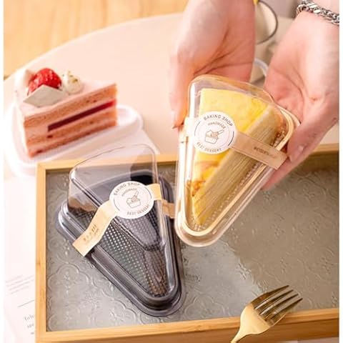TOWEBOORY 100 Pieces Cake Slice Plastic Containers, Reusable Cake Box Triangle Cake Transport box Cake Slices Packaging Cake Container Triangular Clear Container Container Cake (A02 Gold Style) Cover