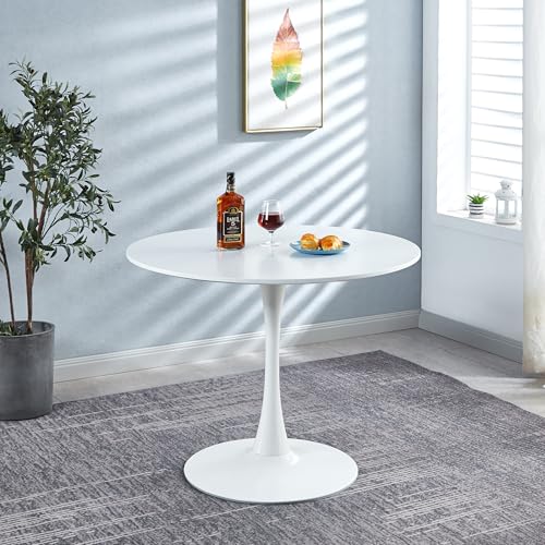 31.5" Mid-Century Round Dining Table for Outdoor, Tulip Table Metal Kitchen Dining Table for 2-4 People with Pedestal Base Leisure Coffee Table Office Living Room Small Space, White