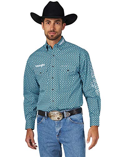 Wrangler Men's Logo Geo Print Long Sleeve Western Shirt Turquoise Medium