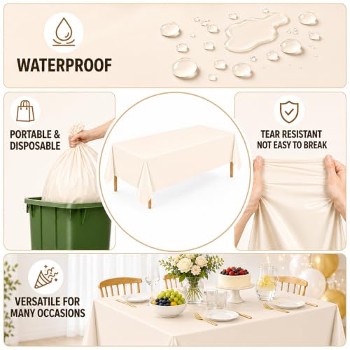Image of WNINK 4 Pack Ivory Plastic Tablecloths, 54 x 108 Inch Disposable Covers | Ideal for Weddings, Bridal Showers, Baby Showers and Birthdays, Helping Protect Tabletops from Spills and Simplify Cleanup
