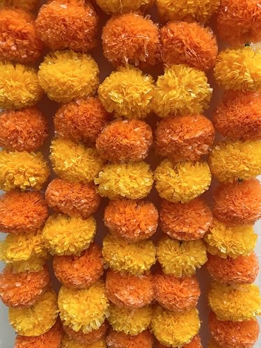 Image of Sphinx Artificial Marigold Fluffy Flowers Garlands for Decoration -(Light & Dark Orange, 5 Pieces)