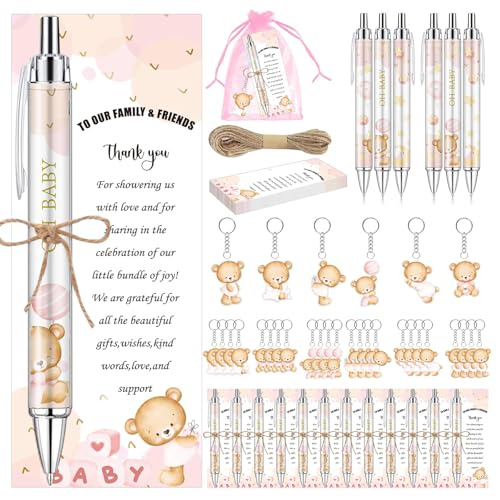Bolígrafos y llaveros de oso rosa para recuerdos de baby shower y tarjetas, 145 uds
