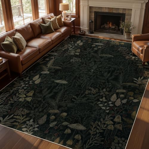 Joydeco Mushroom 8x10 Area Rugs for Bedroom Washable Boho Black Rug Carpet