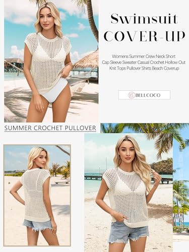 Image of Womens Summer Crochet Tops Hollow Out Cap Sleeve Cover Up Tank Top Pullover Sweater Vest Beach Vacation Clothes