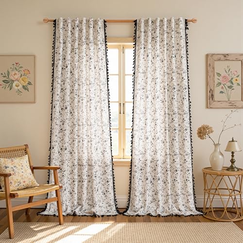 Image of MYSKY HOME Semi Sheer Floral Linen Curtains 96 Inch Length Boho Black Printed Spring Vintage Farmhouse Rustic Drapes with Black Tassel Back Tab for Living Room Dining Room, W50 Each Panel, 2 Pcs
