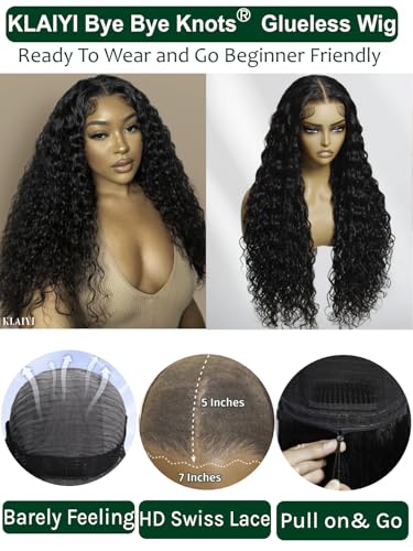 Image of KLAIYI Water Wave Bye Bye Knots Glueless Wig Human Hair 7x5Precut Lace Front Pre Plucked Bleached Wear and Go Wig with Curly Baby Hair Drawstring 3S Ready to Go Pre Everything Beginner Friendly 24Inch