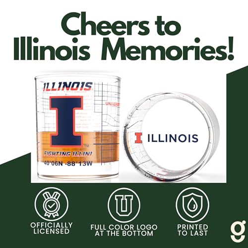 Image of Greenline Goods University of Illinois Fighting Illini Whiskey Glasses Set of 2, 10 oz Rocks Glasses with Full-Color Logo & Campus Map - Officially Licensed Bourbon Glass Gift for Alumni & Fans