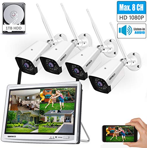 [8CH Expandable] SANSCO 1080P Wireless CCTV Security Camera System with 12 inch HD LCD Monitor & 1TB Hard Drive Disk, 8 Channel NVR, 4Pcs 2MP Outdoor/Indoor WiFi Surveillance Cameras (1920x 1080, Built-in Microphone, Night Vision, Motion Detection, Free App Viewing and Push Alerts )