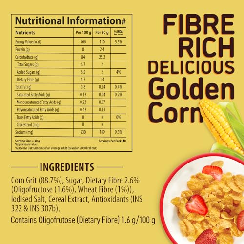 Image of Bagrry's Corn Flakes Plus 1.2kg | Original and Healthier | Low Fat & Cholesterol | Added Fibre | Toasted & Crunchy Prebiotic Breakfast Cereal | No Added Preservatives (Pack of 3)