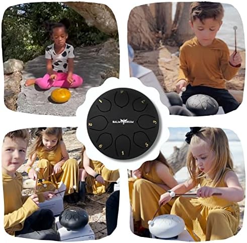 The Balmy Drum - 8 Note 6 Inch Steel Tongue Drum, Steel Drum Instrument, Drums For Adults, Balmy Drum Set for Kids with Music Book, Handpan Drum, Mallet and Carry Bag - Tongue Drum (Black) 3 51AgTrte jL. AC