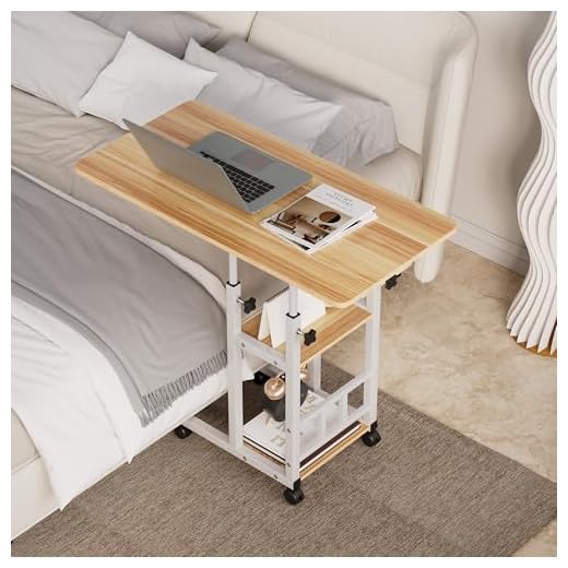 Overbed Table Mobile, 3 Layers Standing Desk Height Adjustable Bedside Table with Wheels Stable Laptop Tables for Bed Sofa Overbed Desk for Home Office Bedroom Living Room