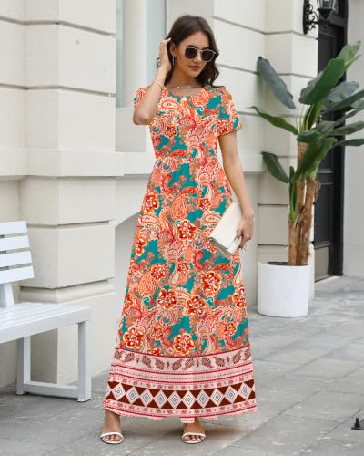 Image of COSSEN Women's Crew Neck Short Sleeve Maxi Dress with Pockets Casual Loose Swing for Wedding Guest Beach Vacation