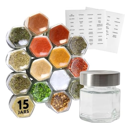 15-Pack Magnetic Spice Jars Hexagon Glass Spice Jars With Stainless Steel Strong Magnet Lids - Space Saving Storage For Dry Herbs And Spices - Great for Fridge, Backsplash and More