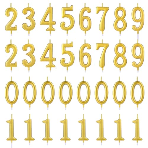 32 Pieces Number Birthday Candles Gold Cake Candles Number 0-9 Cake Decoration for Birthday Ten-Year Milestone Anniversary Wedding Party Celebration (Gold)