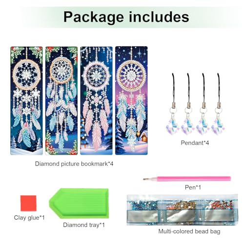 Image of 4 Pieces 5D Diamond Painting Bookmarks for Adults, Dreamcatcher Rhinestone Bookmarks with Tassels, DIY Handmade Diamond Art Bookmark Craft Kit, Unique Book Marks Set for Book Lovers