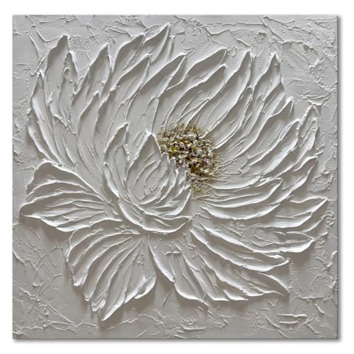 Slyart Handmade White 3D Floral Canvas Wall Art 24x24 Inches Abstract Flower Paintings Modern Contemporary Texture Wall Art White Artwork for Home Decorations