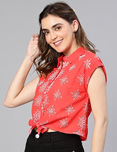 Image of oxolloxo Women Floral Print Tie-Knotted Cotton Shirt