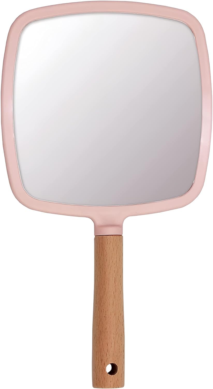 SVS ONLINE Wood Hand Mirror Square Shaped Handle Makeup Mirror, Small Cute Wooden Shaving Mirror with Single Side Hanging Hole, Travel Portable for Men Women (Square Mirror)
