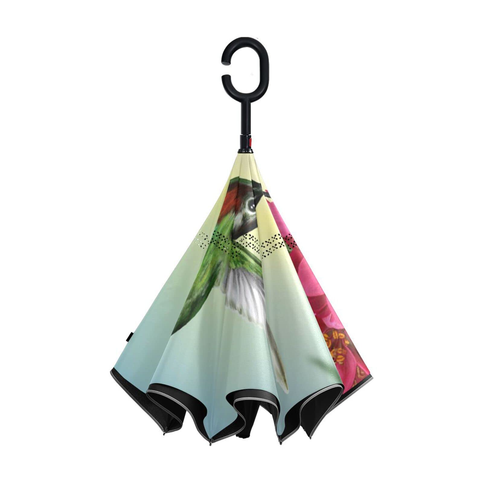 MNSRUU Paraguas invertido de flores de colibrí de doble capa para coches a prueba de viento Paraguas de lluvia para coche al aire libre con mango en forma de C, protección UV, Green, L
