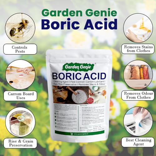 Image of Garden Genie Boric Acid, Multi Purpose Cleaning & Pest Control Powder, 200g | Effective on Cockroaches, Ants, Termites I Rice Preservation I Fine Carrom Powder