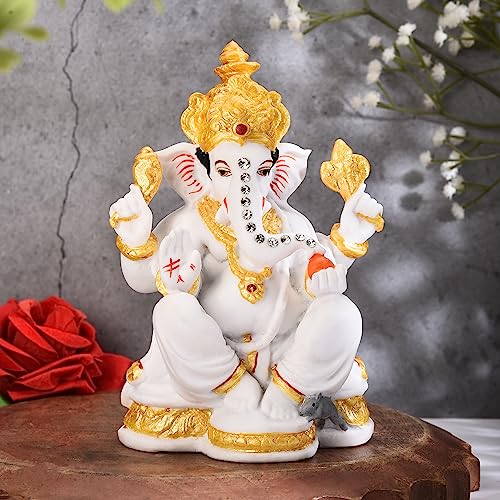 Image of Marble Dust Ganesha God Idol in Matt White Finish for Mandir, Home Decor Showpiece and Gifting (Dust Ganesha)