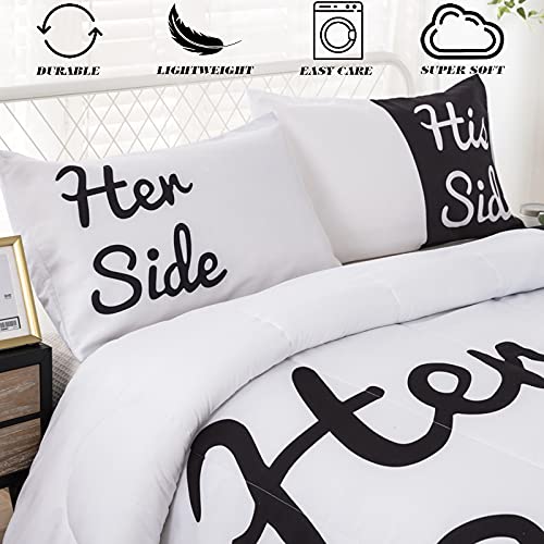 Black White Comforter Set Queen Her Side His Side Printed Bedding Solid Couples Comforter With 2 Pillowcases,3 Pieces All Season Down Alternative Comforter Set, Ultra Soft Microfiber 90"X 90" #TOP2