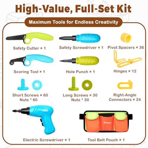 Image of Kids Cardboard Construction Tool Set with Electric Drill & Tool Belt -258PCS, STEM Building Kit for Creative Craft Projects, Educational DIY Engineering Toy for Boys & Girls