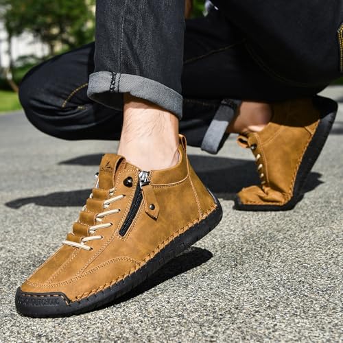 Mens Casual Leather Shoes Ankle Chukka Boots Mid top Handmade Side Zipper Slip On Loafers Lightweight Walking Driving Shoes2