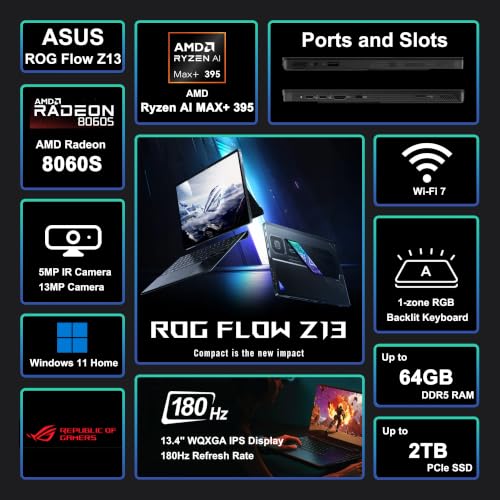 Image of ASUS ROG Flow Z13 Gaming 2-in-1 Laptop 13.4 inch 2.5K 2560x1600 180Hz Touch 100% DCI-P3 AMD 16-core Ryzen AI MAX+ 395 (Up to 40 Tops) 64GB RAM 512GB SSD AMD Radeon 8060S RGB Backlit Wi-Fi7 Win11 ICP Hub